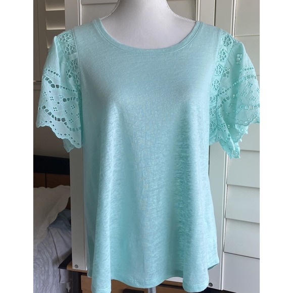 CHICO'S Teal Blue Flutter Eyelet Sleeve 100% Linen Knit Top Tee Shirt‎ Large  2 - Picture 3 of 11